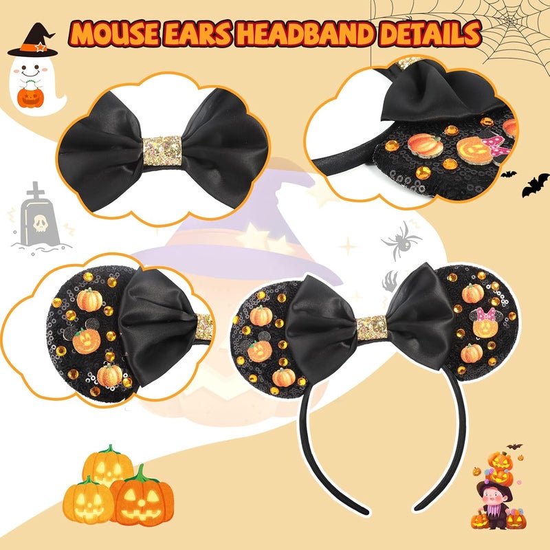 ETLUK Halloween Headband with Pumpkin & Orange Acrylic Rhinestones, Sparkly Sequin Bow Halloween Mouse Ears Accessories for Women, Girls, Adults - Image 3